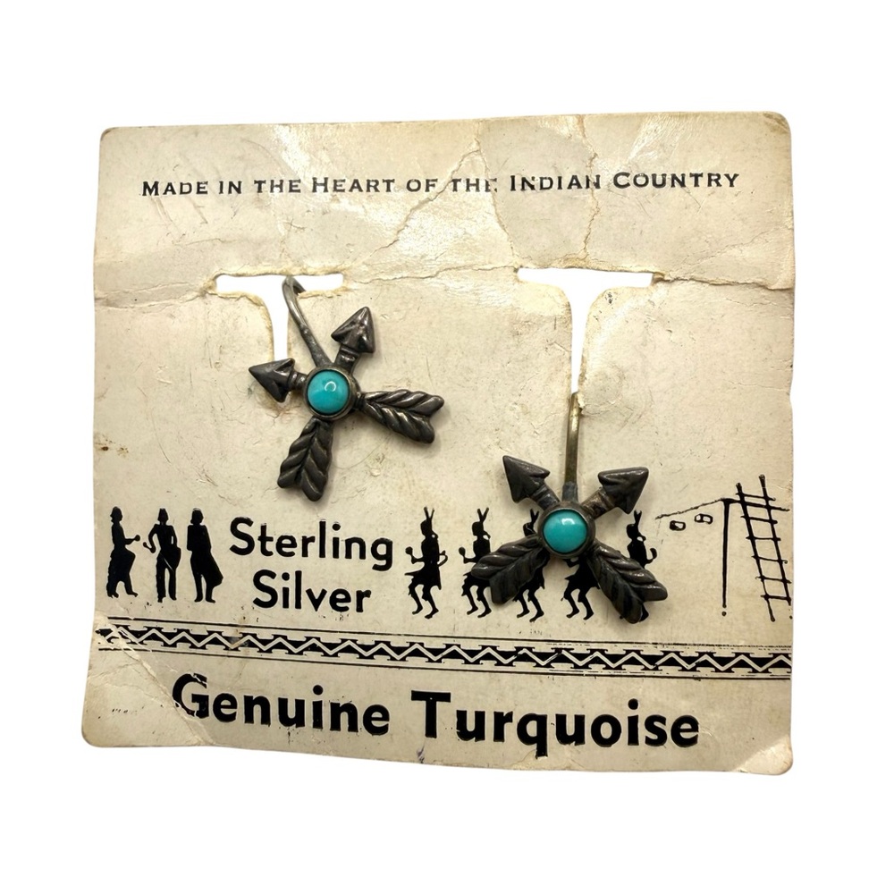 Vintage 1954 Sterling Silver Turquoise Screw Back Earrings on Original Card
